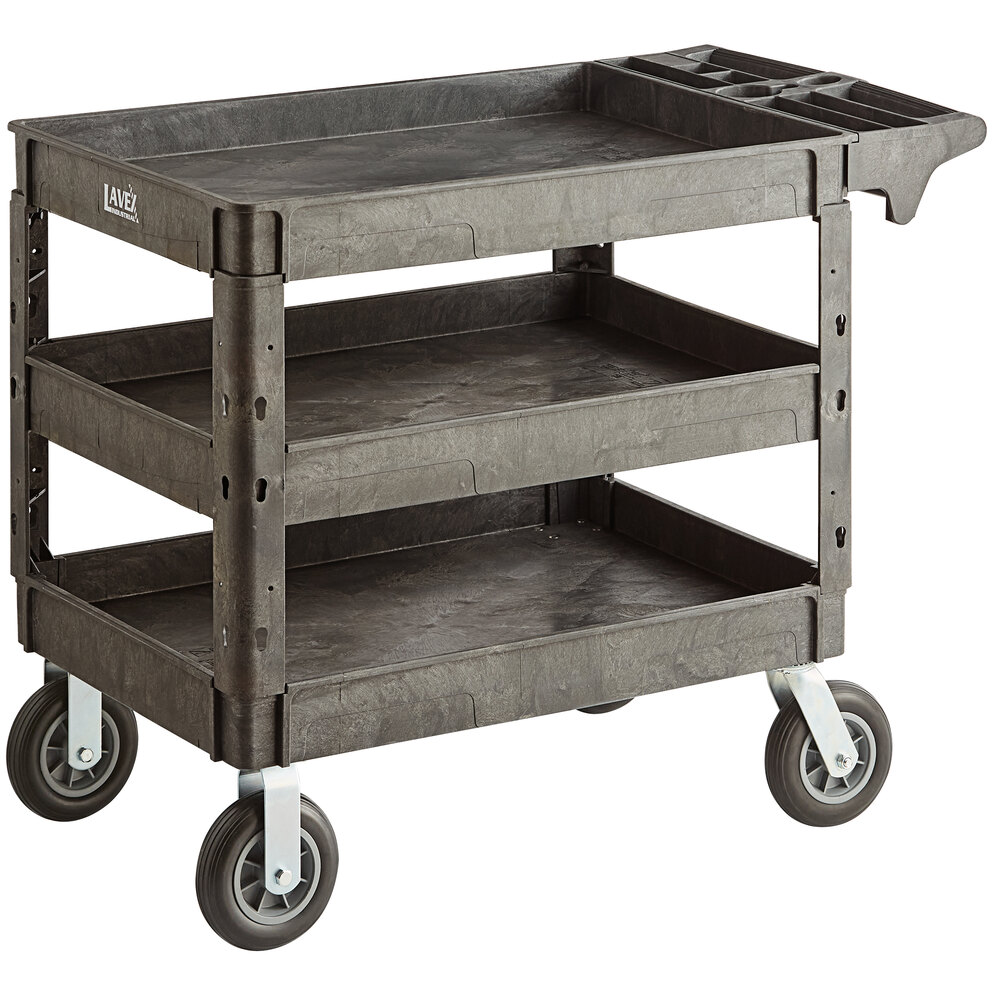 Lavex Industrial Large Black 3Shelf Utility Cart with Premium Handle, BuiltIn Tool