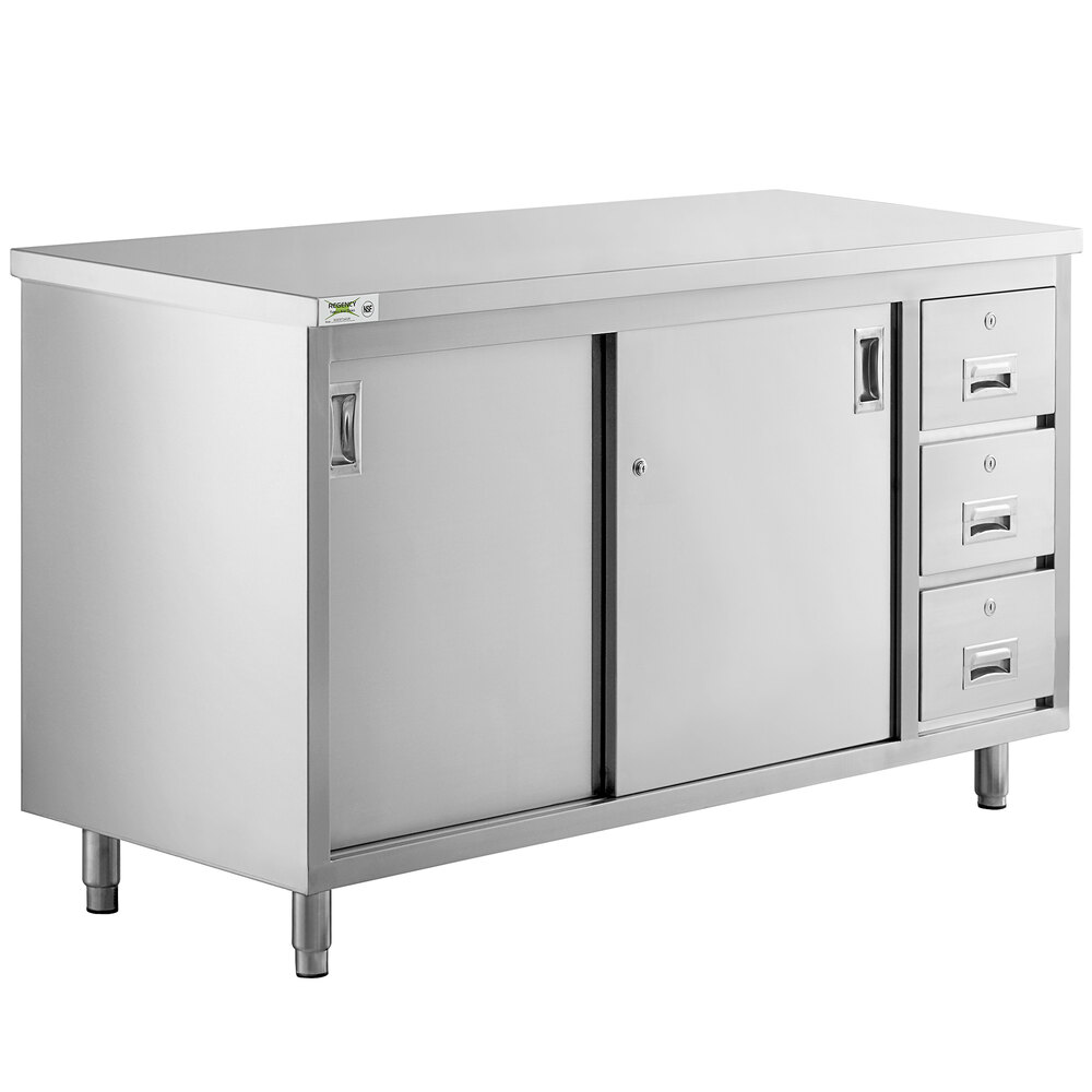 Regency 24 inch x 60 inch 16 Gauge Type 304 Stainless Steel Enclosed Base Sliding Door Table with Drawers