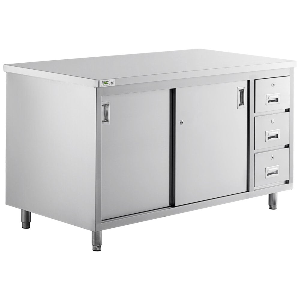Regency 30 inch x 60 inch 16 Gauge Type 304 Stainless Steel Enclosed Base Sliding Door Table with Drawers