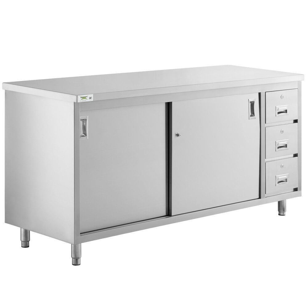 Regency 24 inch x 72 inch 16 Gauge Type 304 Stainless Steel Enclosed Base Sliding Door Table with Drawers