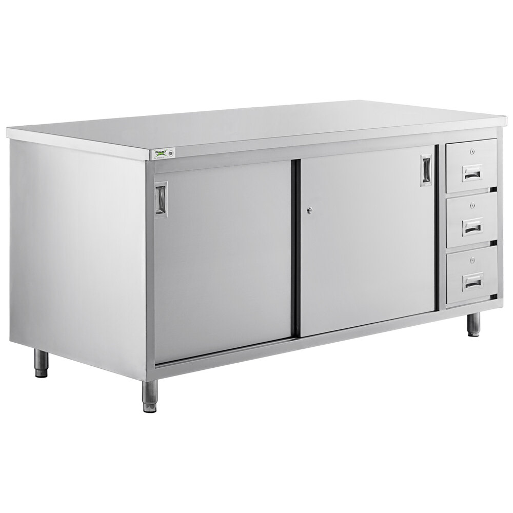 Regency 30 inch x 72 inch 16 Gauge Type 304 Stainless Steel Enclosed Base Sliding Door Table with Drawers