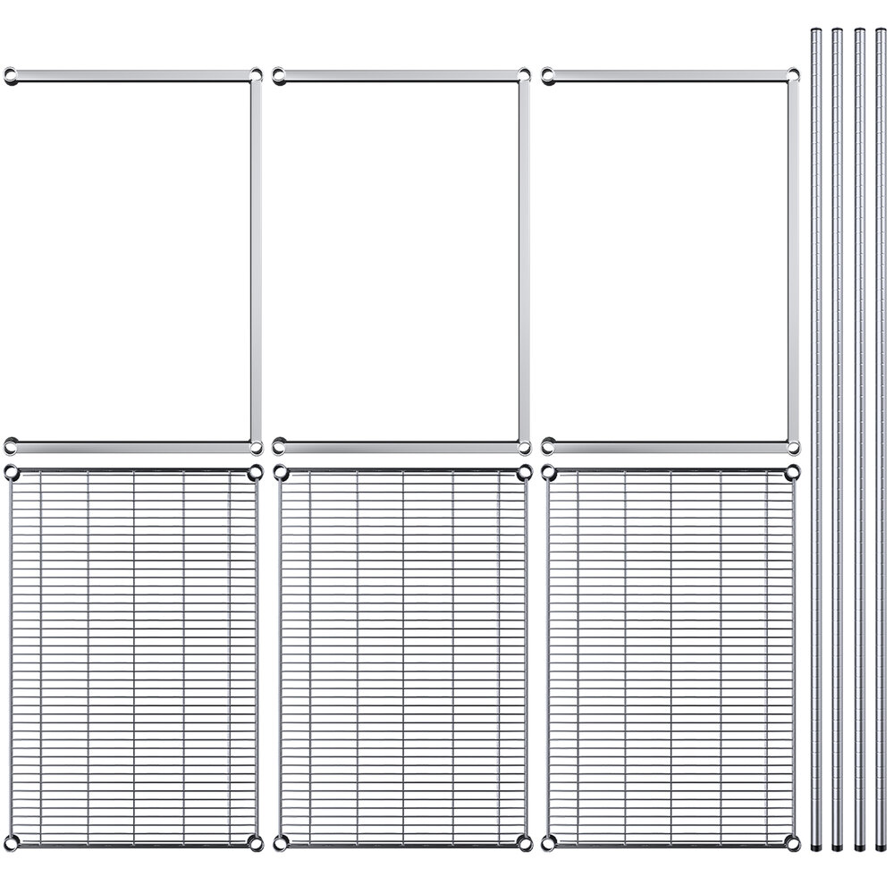 A Regency chrome wire rack with 3 shelves and metal rods.