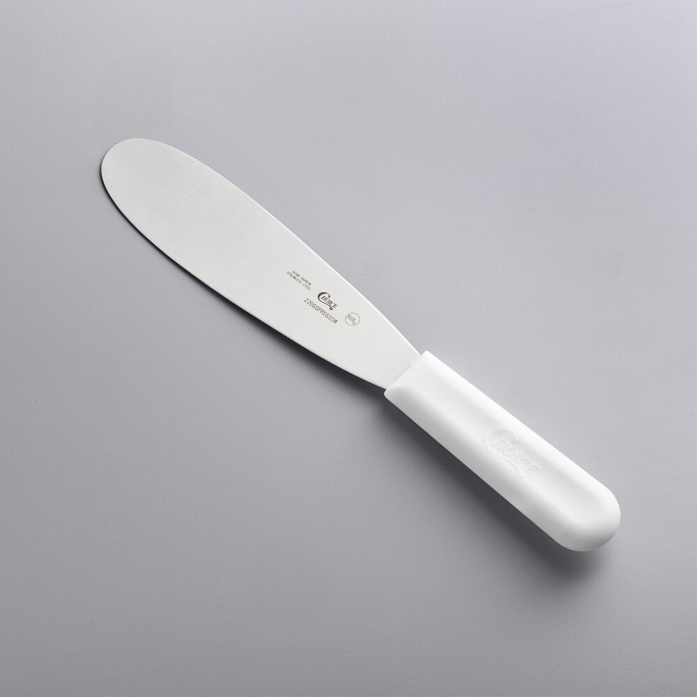 Choice 5 1/2 Smooth Stainless Steel Sandwich Spreader with White Polypropylene Handle
