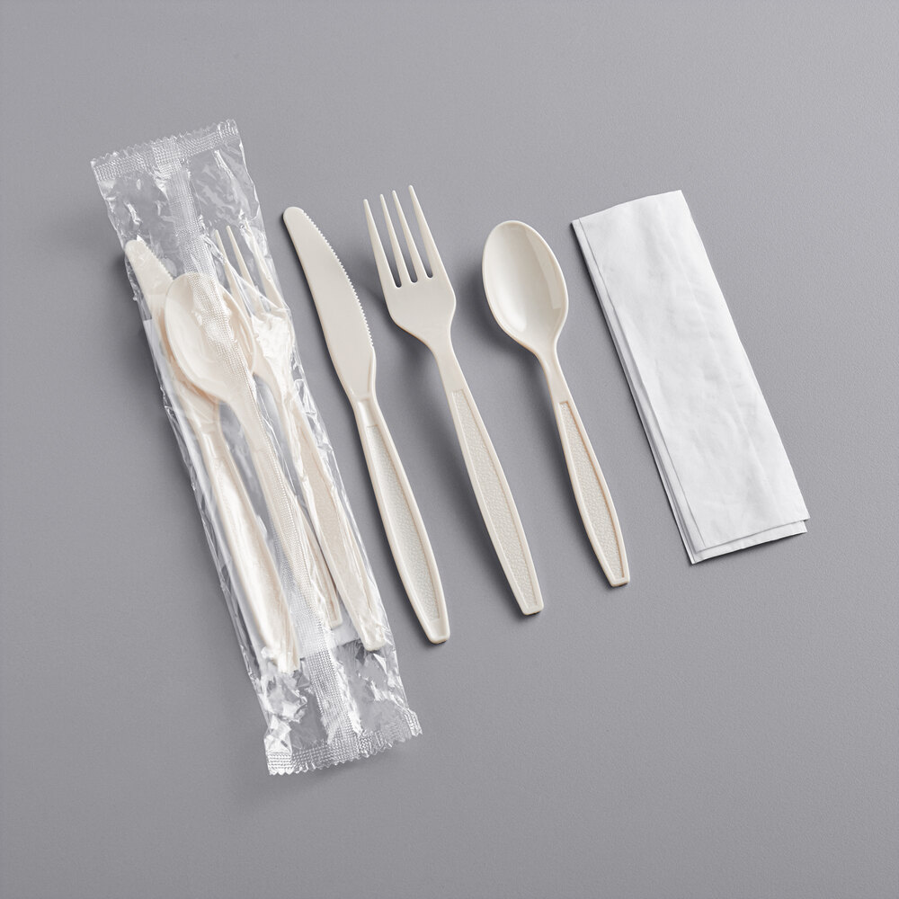 Visions Heavy Weight Beige Wrapped Plastic Cutlery Pack with Napkin