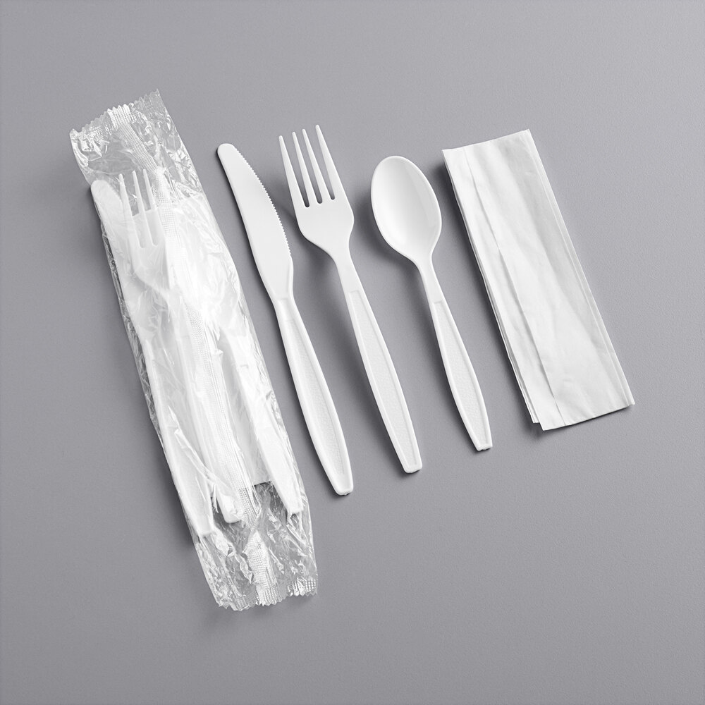 Visions 18 x 15 1/2 Pre-Rolled Linen-Feel White Napkin and Classic Heavy  Weight Gold Plastic Cutlery Set - 100/Case