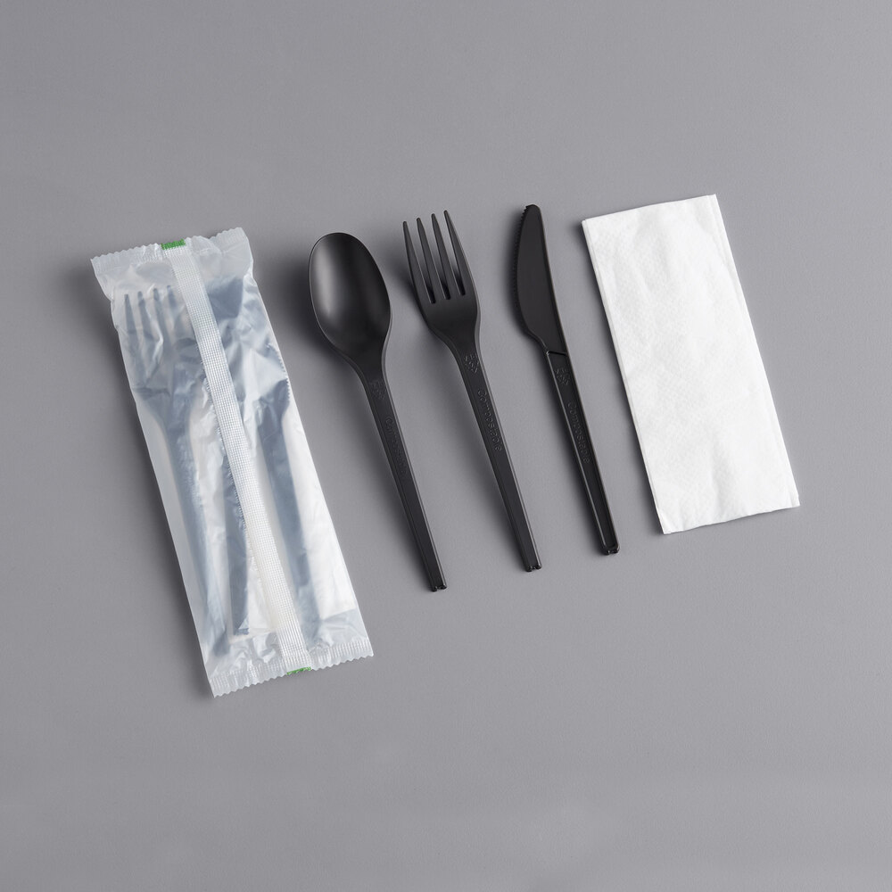 Restaurantware Black Plastic Utensil / Flatware / Cutlery Set - CPLA - Heat-Resistant - Compostable - Disposable - with Napkin - 100ct Box - Basic