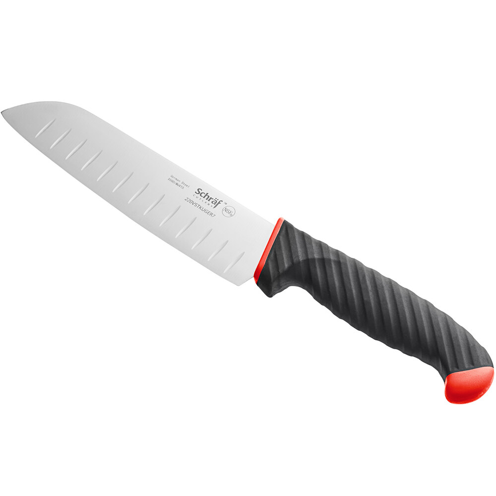 Schraf™ 7" Granton Edge Santoku Knife with Red TPRgrip Handle