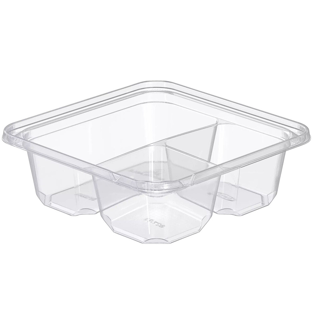 Dart SBTG3W TamperGuard 6.3 Square 24 oz. 3-Compartment Snack Box w/Well,  Clear PET - 300/Case