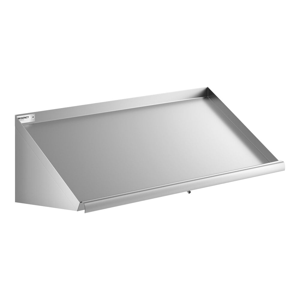 A stainless steel 42-inch wall-mounted slanted rack shelf.