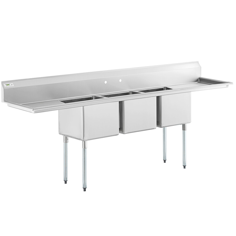 Regency 106 inch 16 Gauge Stainless Steel Three Compartment Commercial Sink with Galvanized Steel Legs and 2 Drainboards - 18 inch x 18 inch x 14 inch Bowls