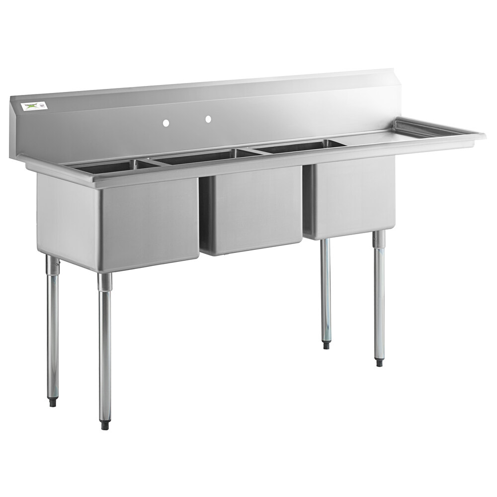 Regency 78 1/2 inch 16 Gauge Stainless Steel Three Compartment Commercial Sink with Galvanized Steel Legs and 1 Drainboard - 18 inch x 18 inch x 14 inch Bowls - Right Drainboard