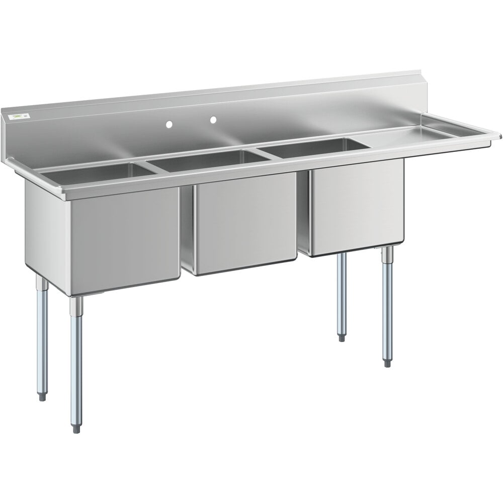 Regency 78 1/2" 16 Gauge Stainless Steel Three Compartment Commercial Sink with Galvanized Steel