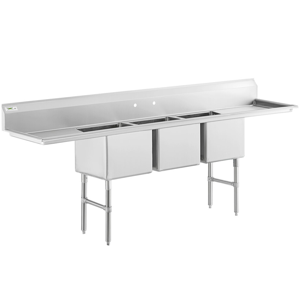 Regency 106 inch 16 Gauge Stainless Steel Three Compartment Commercial Sink with Stainless Steel Legs, Cross Bracing, and 2 Drainboards - 18 inch x 18 inch x 14 inch Bowls