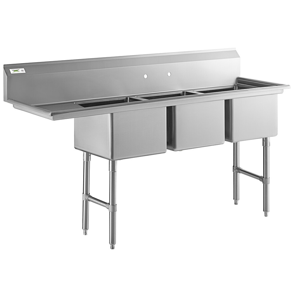 Regency 78 1/2 inch 16 Gauge Stainless Steel Three Compartment Commercial Sink with Stainless Steel Legs, Cross Bracing, and 1 Drainboard - 18 inch x 18 inch x 14 inch Bowls - Left Drainboard