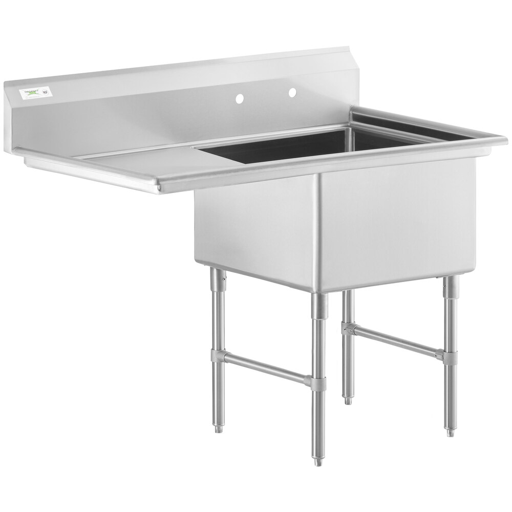 Regency 50 1/2 inch 16 Gauge Stainless Steel One Compartment Commercial Sink with Stainless Steel Legs, Cross Bracing, and 1 Drainboard - 24 inch x 24 inch x 14 inch Bowl - Left Drainboard