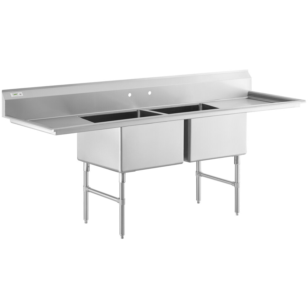 Regency 98 inch 16 Gauge Stainless Steel Two Compartment Commercial Sink with Stainless Steel Legs, Cross Bracing, and 2 Drainboards - 24 inch x 24 inch x 14 inch Bowls