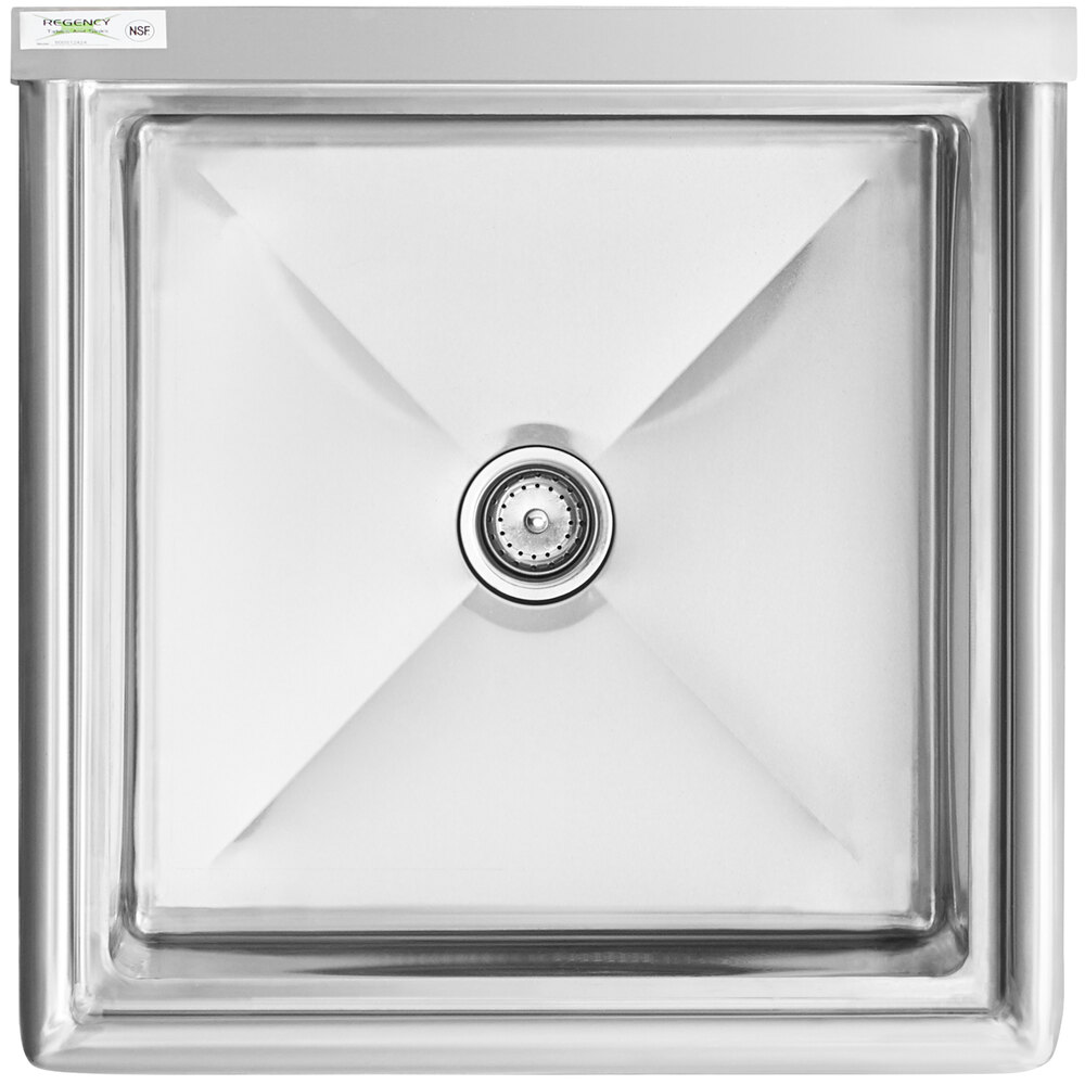 A Regency stainless steel commercial sink with a square drain.