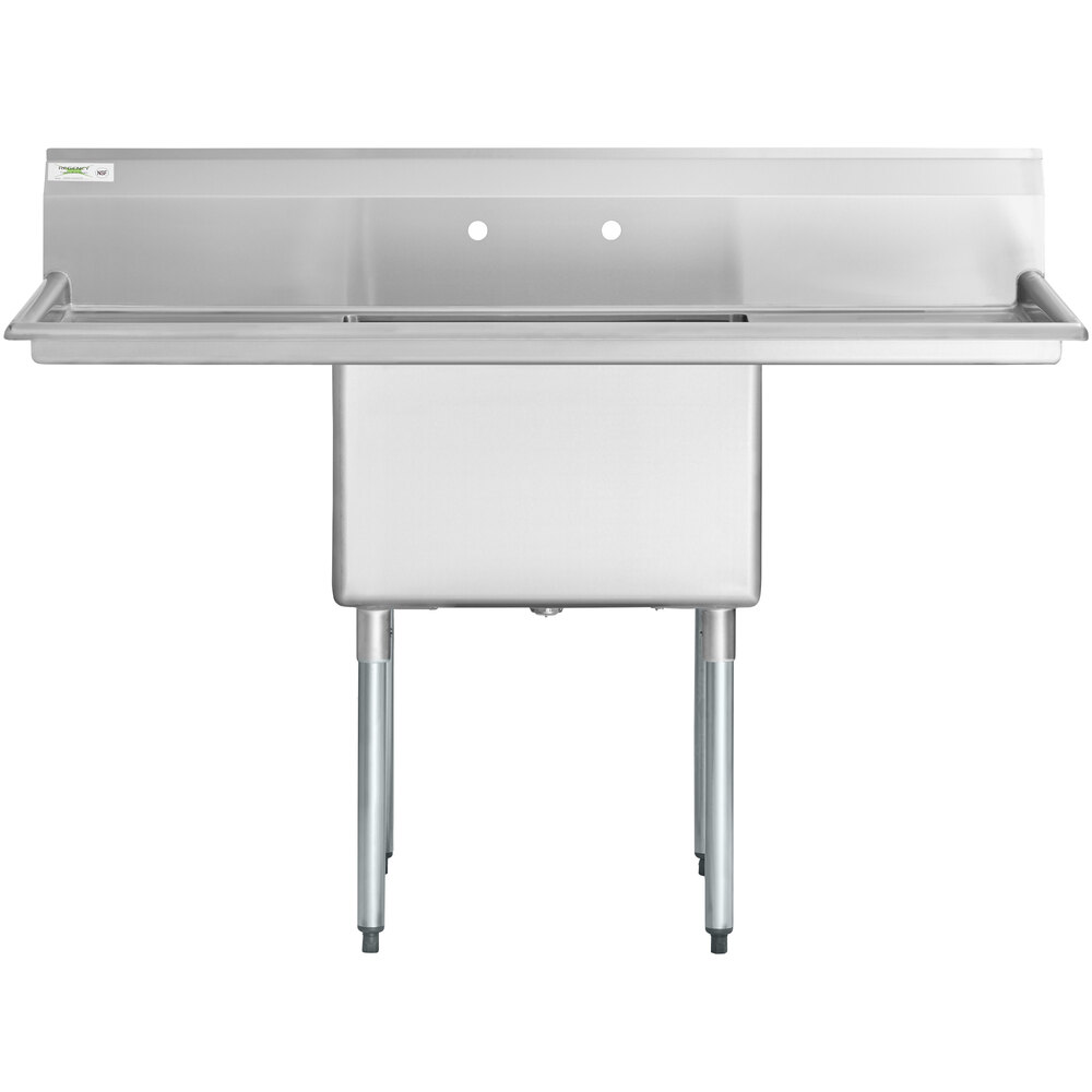 A Regency stainless steel one compartment sink with drainboards.