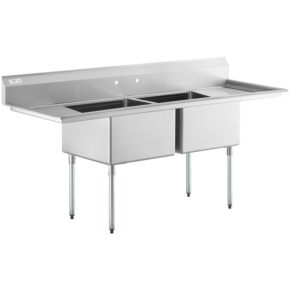 Regency 86 inch 16 Gauge Stainless Steel Two Compartment Commercial Sink with Galvanized Steel Legs and 2 Drainboards - 24 inch x 24 inch x 14 inch Bowls
