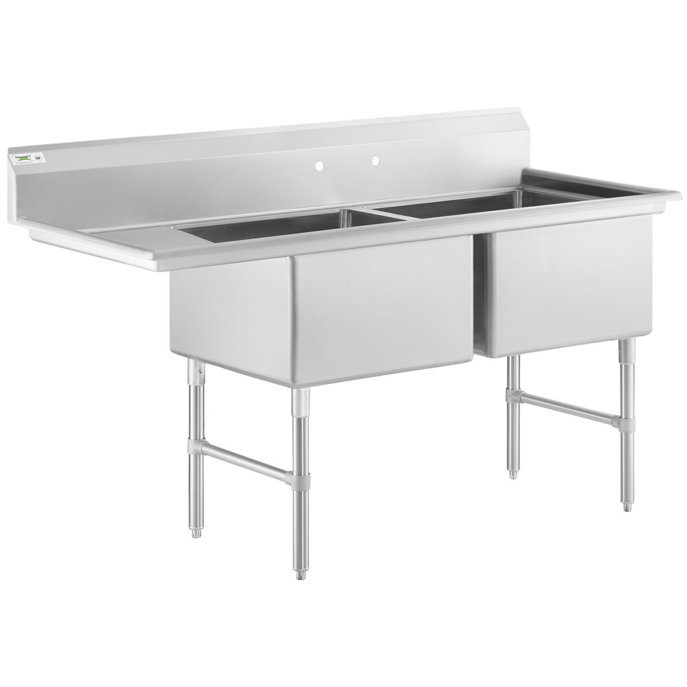 Regency 70 1/2 inch 16 Gauge Stainless Steel Two Compartment Commercial Sink with Stainless Steel Legs, Cross Bracing, and 1 Drainboard - 24 inch x 24 inch x 14 inch Bowls - Left Drainboard