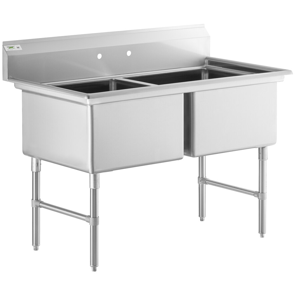 Regency 55 inch 16 Gauge Stainless Steel Two Compartment Commercial Sink with Stainless Steel Legs and Cross Bracing - 24 inch x 24 inch x 14 inch Bowls