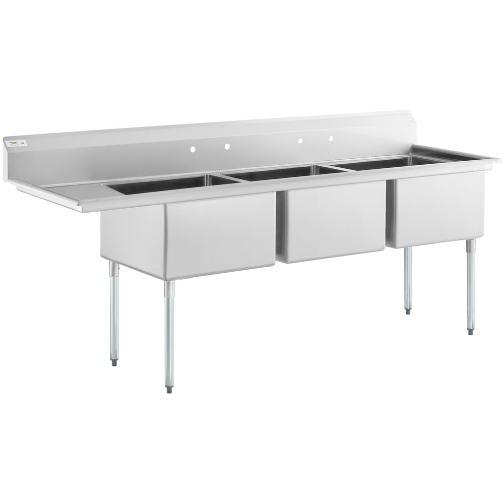 Regency 96 1/2 inch 16 Gauge Stainless Steel Three Compartment Commercial Sink with Galvanized Steel Legs and 1 Drainboard - 24 inch x 24 inch x 14 inch Bowls - Left Drainboard