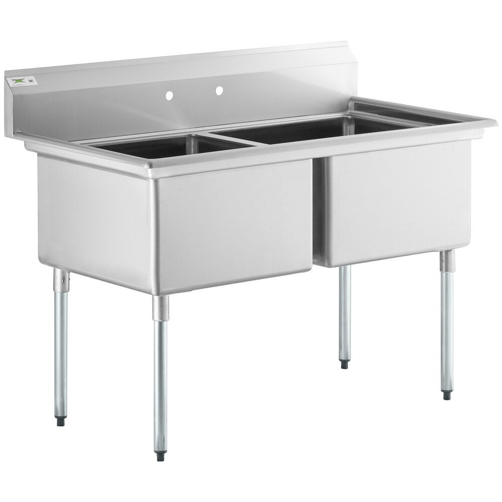 Regency 55 inch 16 Gauge Stainless Steel Two Compartment Commercial Sink with Galvanized Steel Legs - 24 inch x 24 inch x 14 inch Bowls