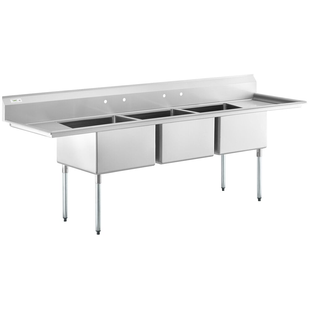 Regency 112 inch 16 Gauge Stainless Steel Three Compartment Commercial Sink with Galvanized Steel Legs and 2 Drainboards - 24 inch x 24 inch x 14 inch Bowls