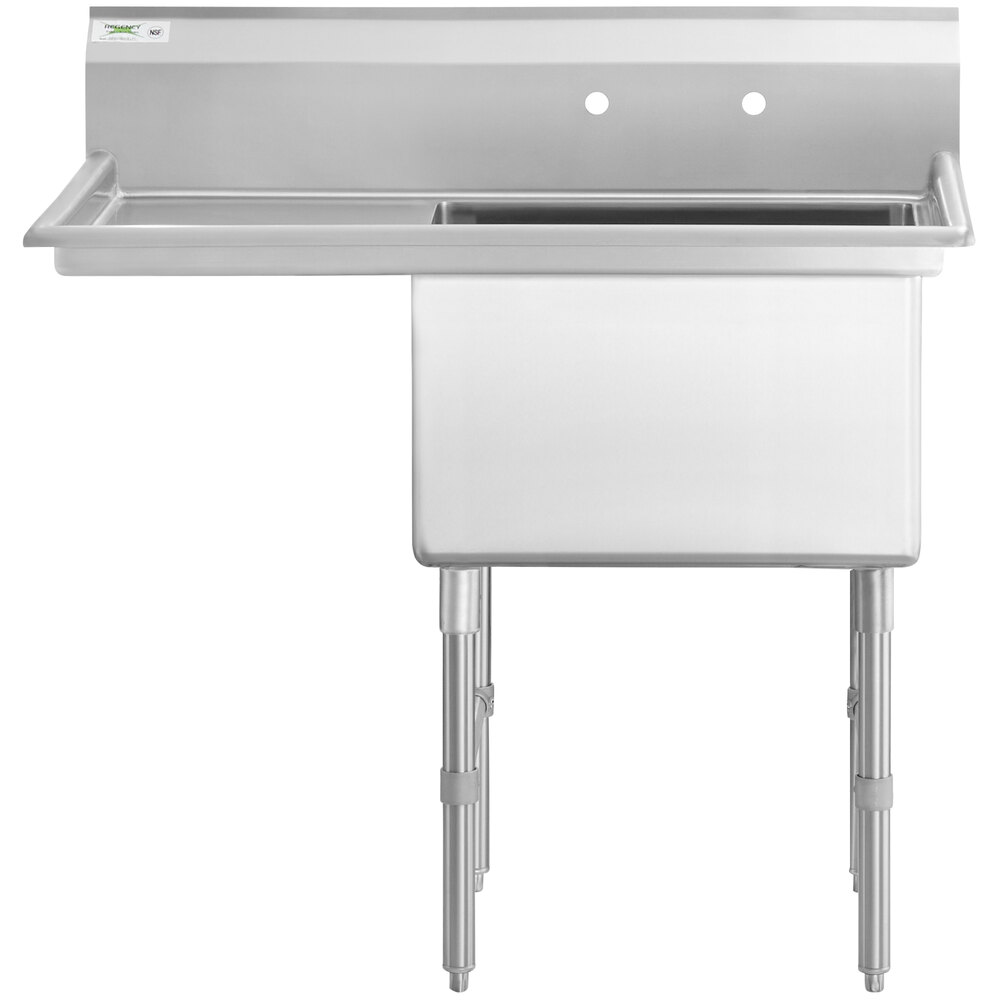 A Regency stainless steel sink with legs and a left drainboard.