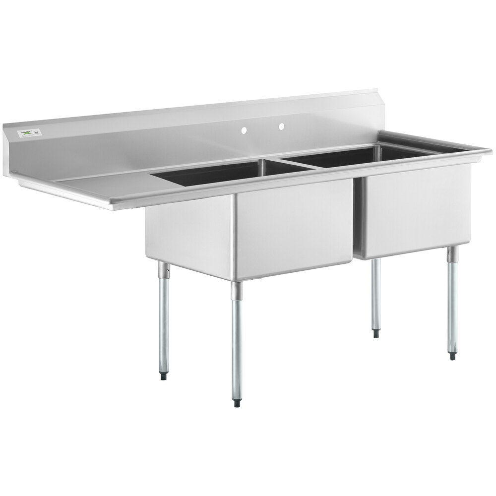 Regency 76 1/2 inch 16 Gauge Stainless Steel Two Compartment Commercial Sink with Galvanized Steel Legs and 1 Drainboard - 24 inch x 24 inch x 14 inch Bowls - Left Drainboard