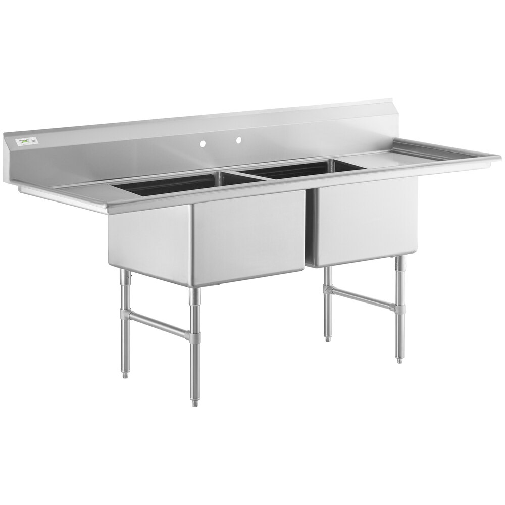 Regency 86 inch 16 Gauge Stainless Steel Two Compartment Commercial Sink with Stainless Steel Legs, Cross Bracing, and 2 Drainboards - 24 inch x 24 inch x 14 inch Bowls