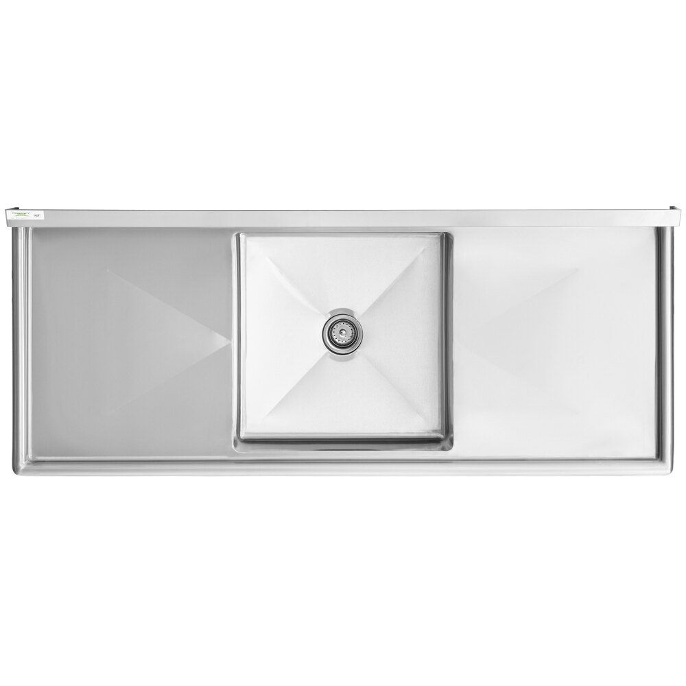 A Regency stainless steel 1 compartment sink with 2 drainboards and galvanized steel legs.