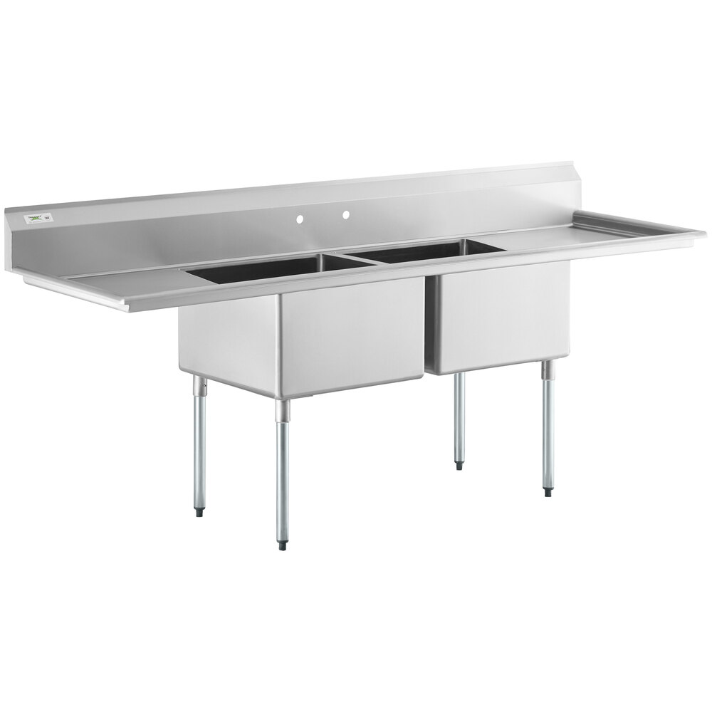 Regency 98 inch 16 Gauge Stainless Steel Two Compartment Commercial Sink with Galvanized Steel Legs and 2 Drainboards - 24 inch x 24 inch x 14 inch Bowls