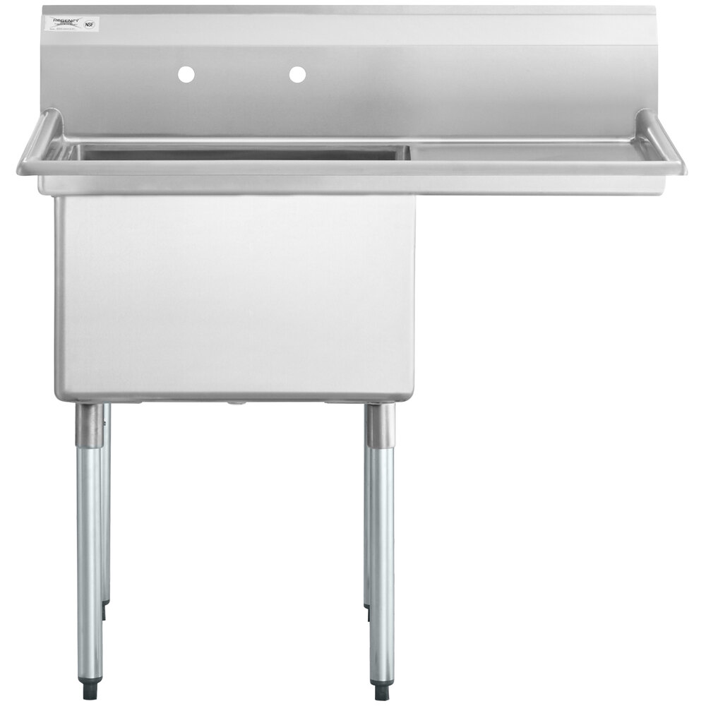 A Regency stainless steel commercial sink with a right drainboard and galvanized steel legs.