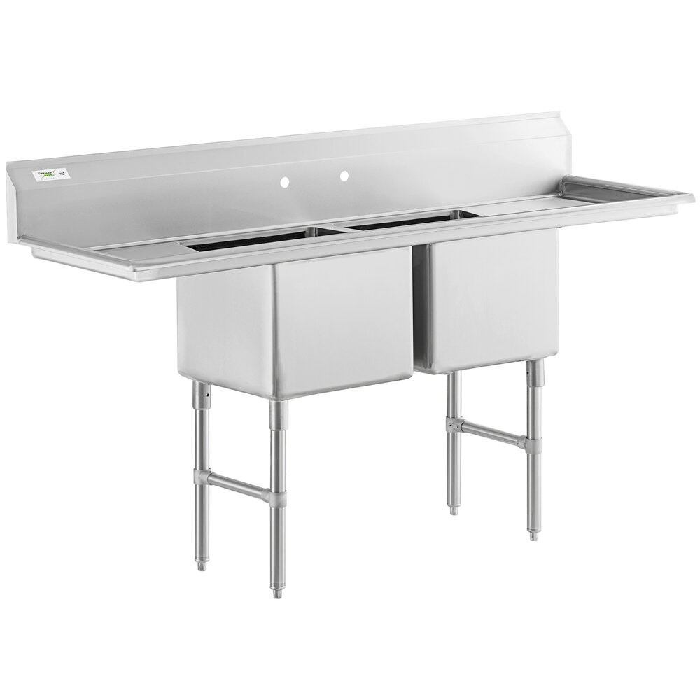 Regency 74 inch 16 Gauge Stainless Steel Two Compartment Commercial Sink with Stainless Steel Legs, Cross Bracing, and 2 Drainboards - 18 inch x 18 inch x 14 inch Bowls