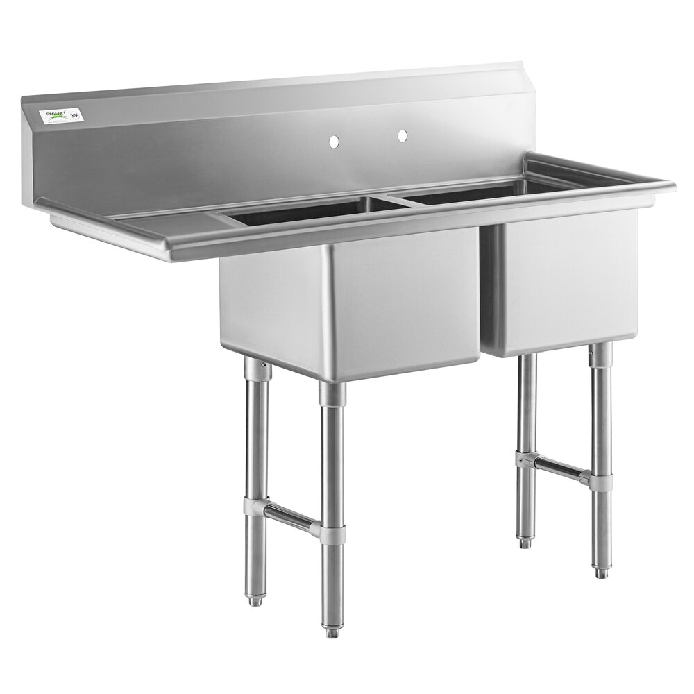 Regency 58 1/2 inch 16 Gauge Stainless Steel Two Compartment Commercial Sink with Stainless Steel Legs, Cross Bracing, and 1 Drainboard - 18 inch x 18 inch x 14 inch Bowls - Left Drainboard