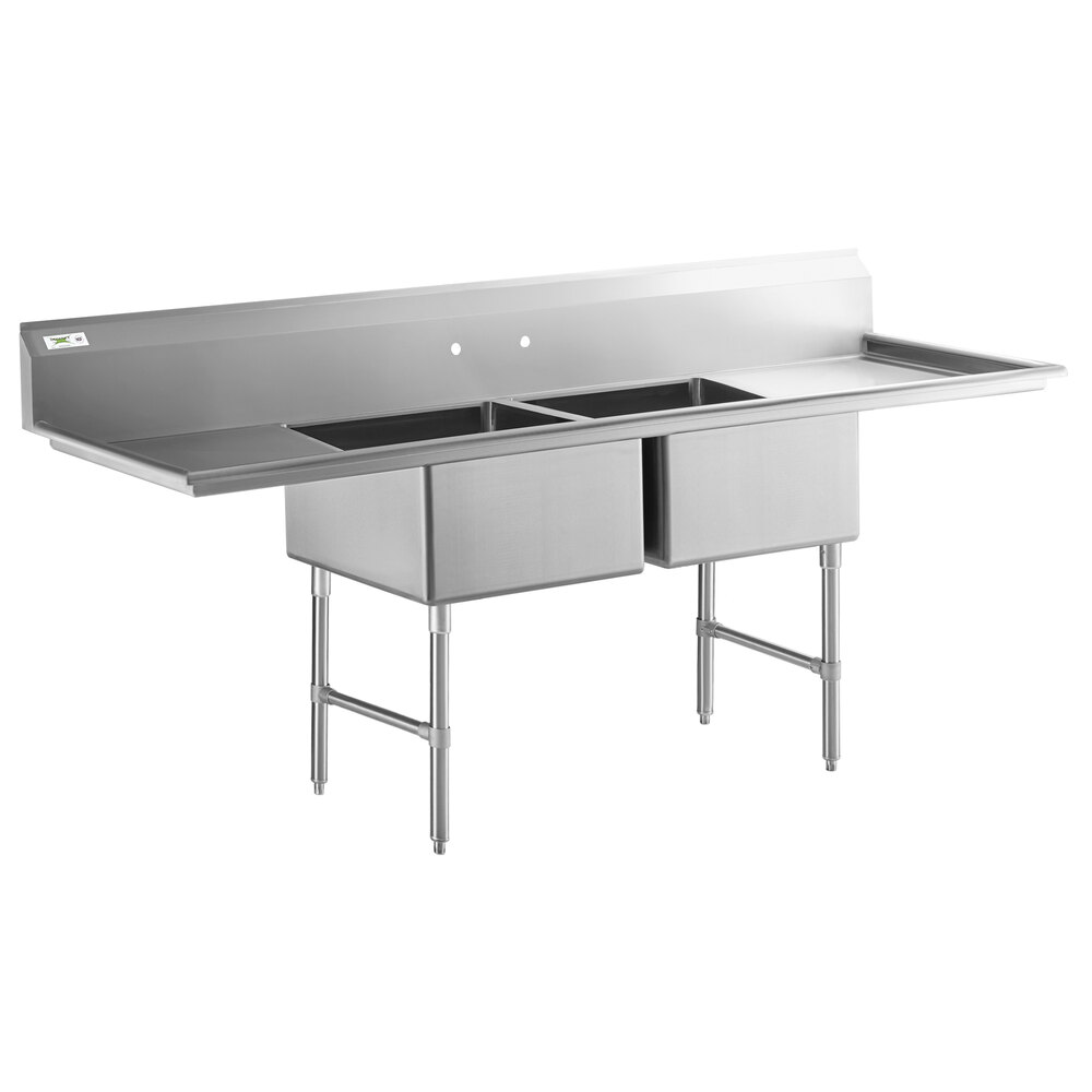 Regency 86 inch 16 Gauge Stainless Steel Two Compartment Commercial Sink with Stainless Steel Legs, Cross Bracing, and 2 Drainboards - 18 inch x 18 inch x 14 inch Bowls