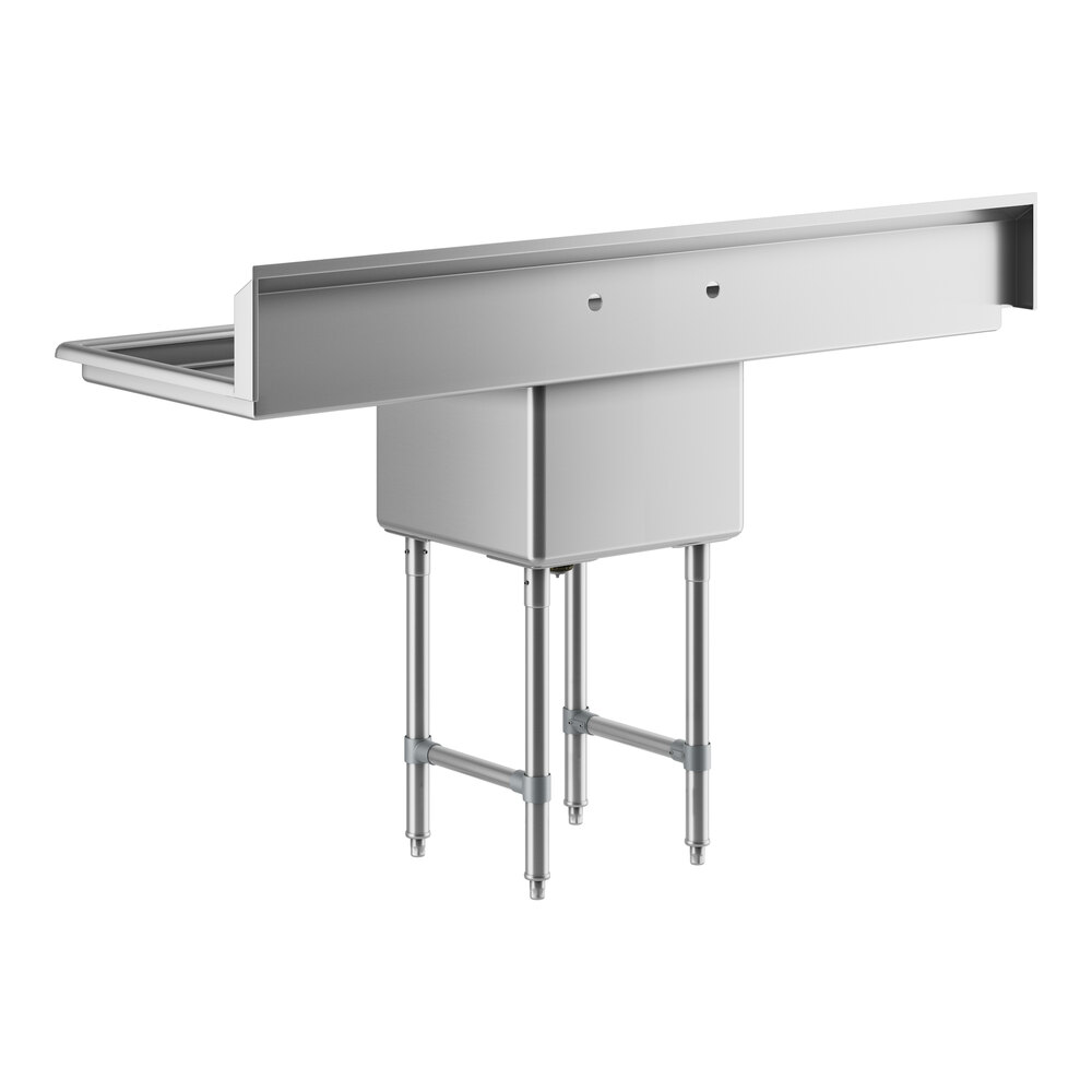 A Regency stainless steel commercial sink with legs and drainboards.