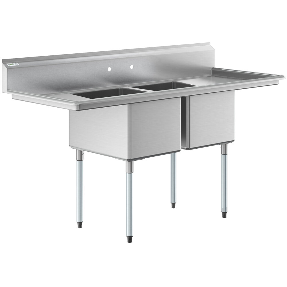 Regency 74 inch 16 Gauge Stainless Steel Two Compartment Commercial Sink with Galvanized Steel Legs and 2 Drainboards - 18 inch x 24 inch x 14 inch Bowls
