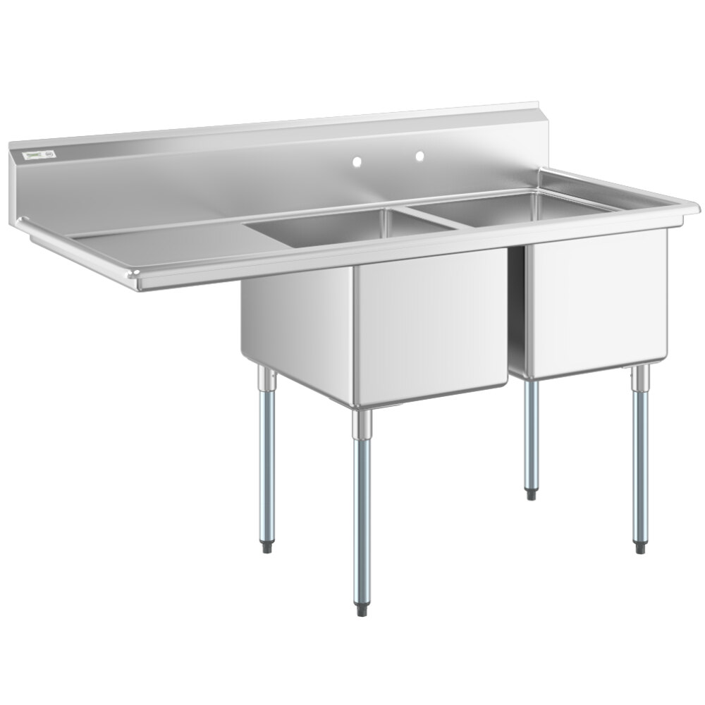 Regency 64 1/2 inch 16-Gauge Stainless Steel Two Compartment Commercial Sink with Galvanized Steel Legs and 1 Drainboard - 18 inch x 24 inch x 14 inch Bowls - Left Drainboard