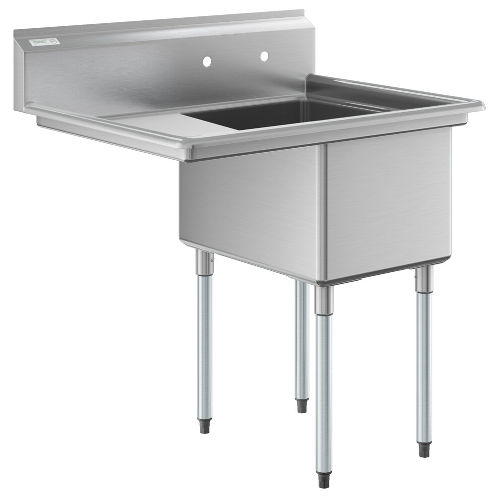 Regency 38 1/2 inch 16 Gauge Stainless Steel One Compartment Commercial Sink with Galvanized Steel Legs and 1 Drainboard - 18 inch x 24 inch x 14 inch Bowl - Left Drainboard