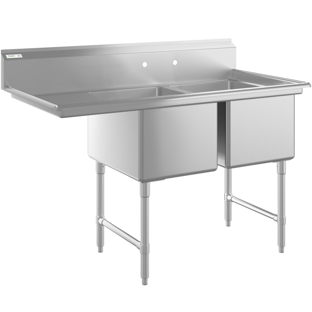 Regency 58 1/2 inch 16-Gauge Stainless Steel Two Compartment Commercial Sink with Stainless Steel Legs, Cross Bracing, and 1 Drainboard - 18 inch x 24 inch x 14 inch Bowls - Left Drainboard