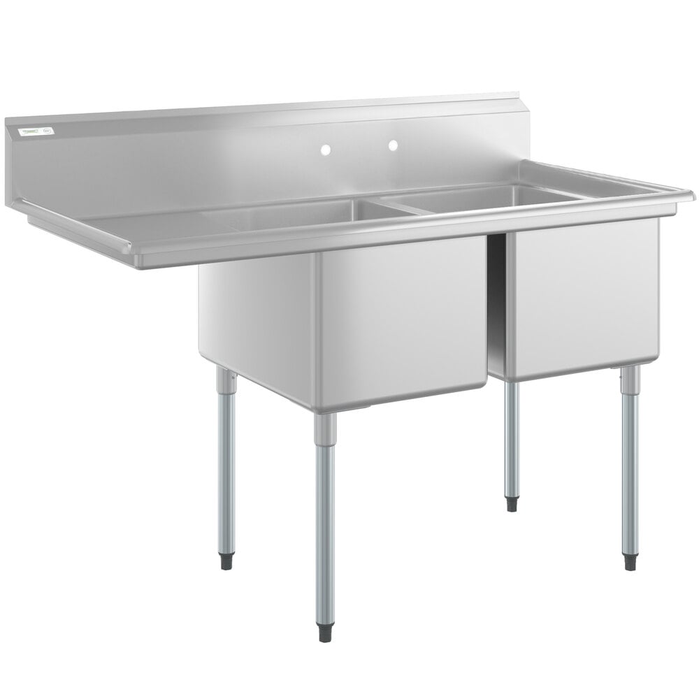 Regency 58 1/2 inch 16-Gauge Stainless Steel Two Compartment Commercial Sink with Galvanized Legs and 1 Drainboard - 18 inch x 24 inch x 14 inch Bowls - Left Drainboard