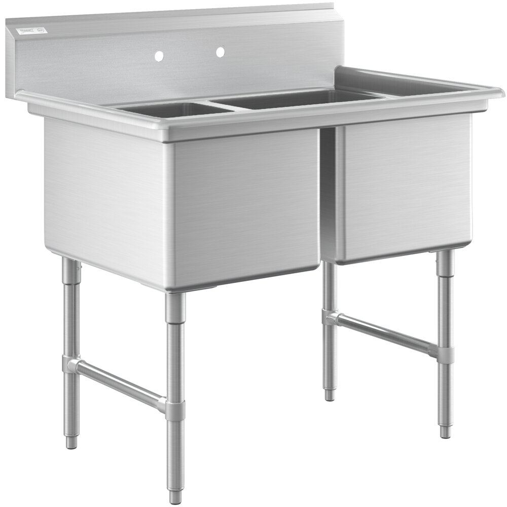 Regency 43 inch 16 Gauge Stainless Steel Two Compartment Commercial Sink with Stainless Steel Legs and Cross Bracing - 18 inch x 24 inch x 14 inch Bowls