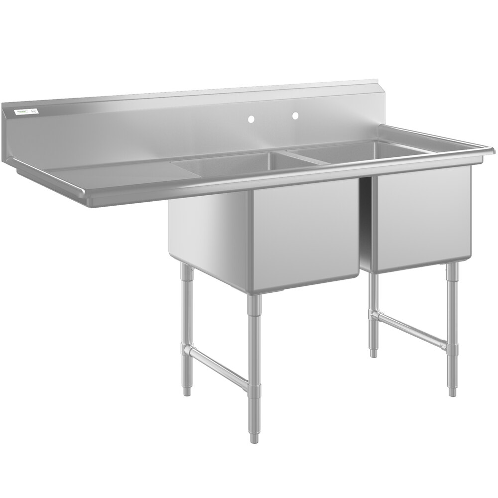Regency 64 1/2 inch 16 Gauge Stainless Steel Two Compartment Commercial Sink with Stainless Steel Legs, Cross Bracing, and 1 Drainboard - 18 inch x 24 inch x 14 inch Bowls - Left Drainboard