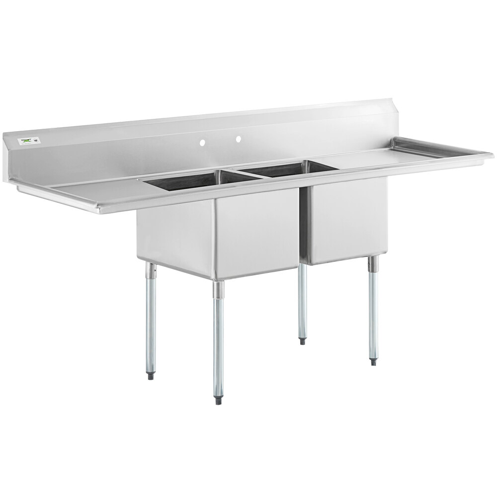 Regency 86 inch 16 Gauge Stainless Steel Two Compartment Commercial Sink with Galvanized Steel Legs and 2 Drainboards - 18 inch x 24 inch x 14 inch Bowls