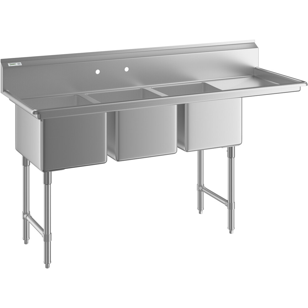 Regency 72 1/2 inch 16 Gauge Stainless Steel Three Compartment Commercial Sink with Stainless Steel Legs, Cross Bracing, and 1 Drainboard - 16 inch x 20 inch x 12 inch Bowls - Right Drainboard