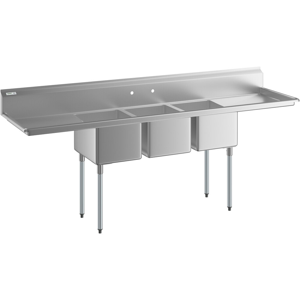 Regency 100 inch 16 Gauge Stainless Steel Three Compartment Commercial Sink with Galvanized Steel Legs and 2 Drainboards - 16 inch x 20 inch x 12 inch Bowls