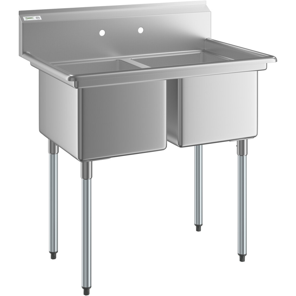 Regency 39 inch 16 Gauge Stainless Steel Two Compartment Commercial Sink with Galvanized Steel Legs - 16 inch x 20 inch x 12 inch Bowls