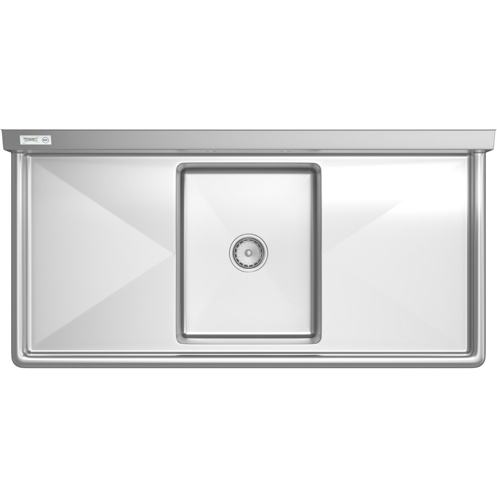 A Regency stainless steel one compartment sink with 2 drainboards and galvanized steel legs.